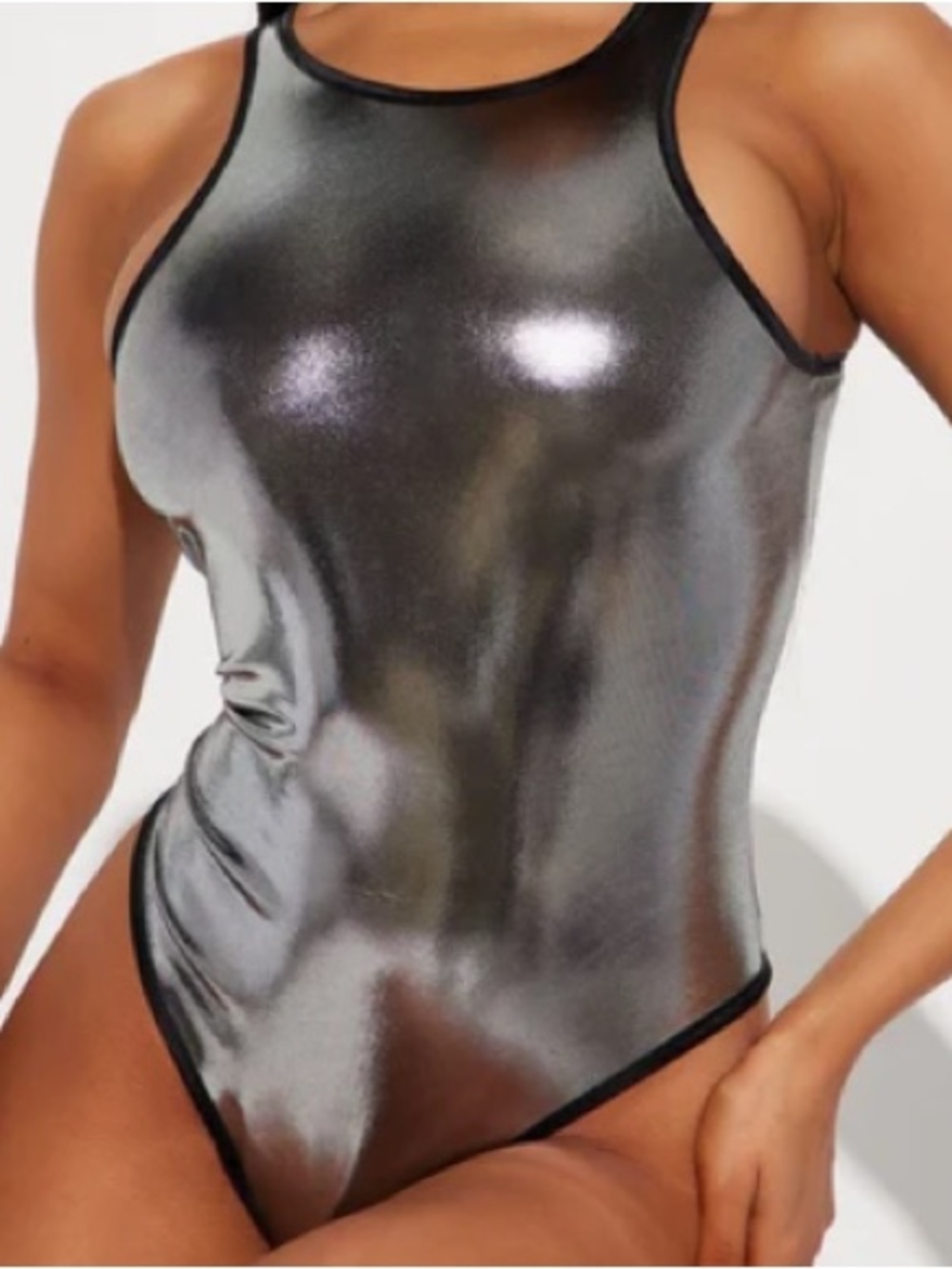 Silver color body suit top by Fashion Nova